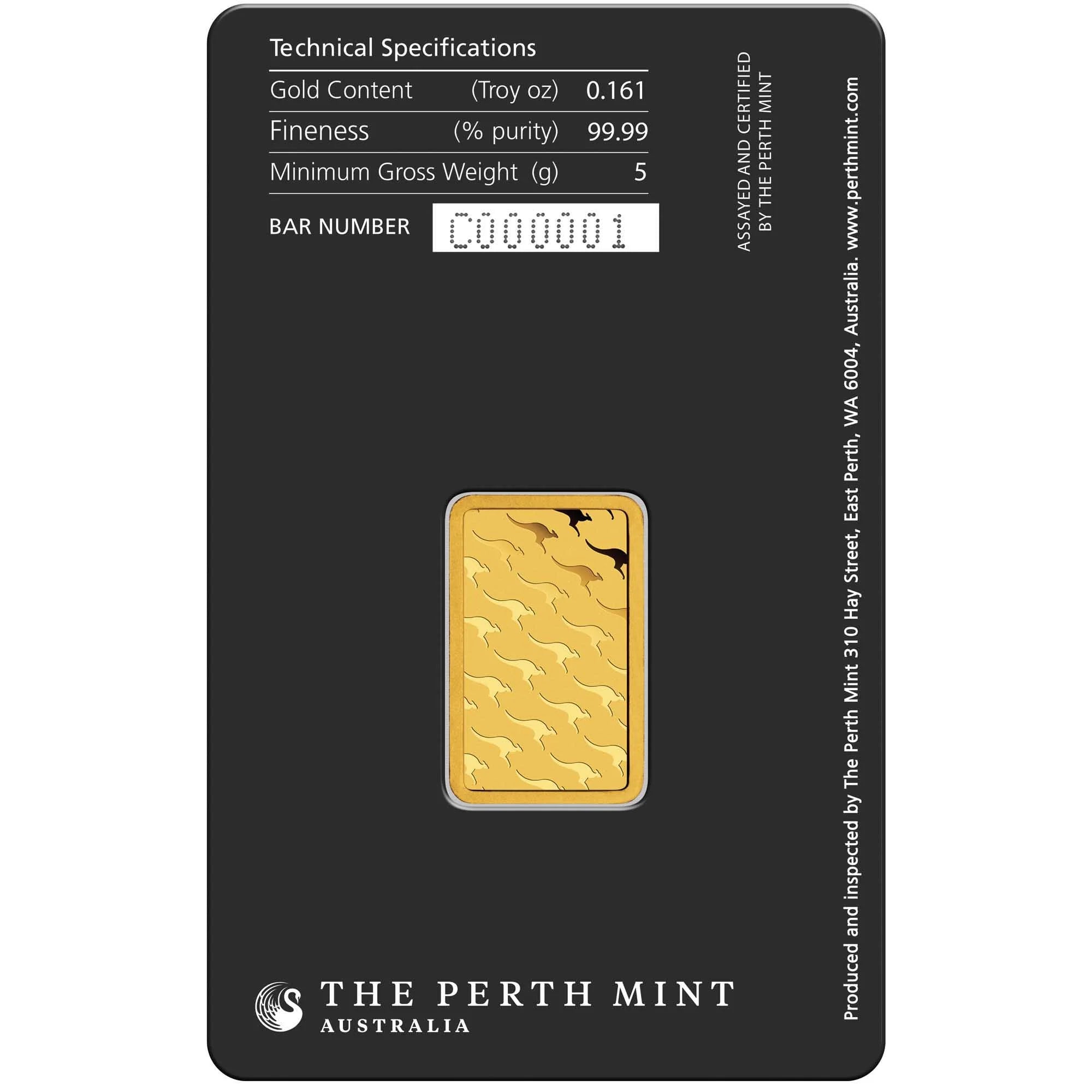 Investment gold bar 5 g Perth Mint, back side