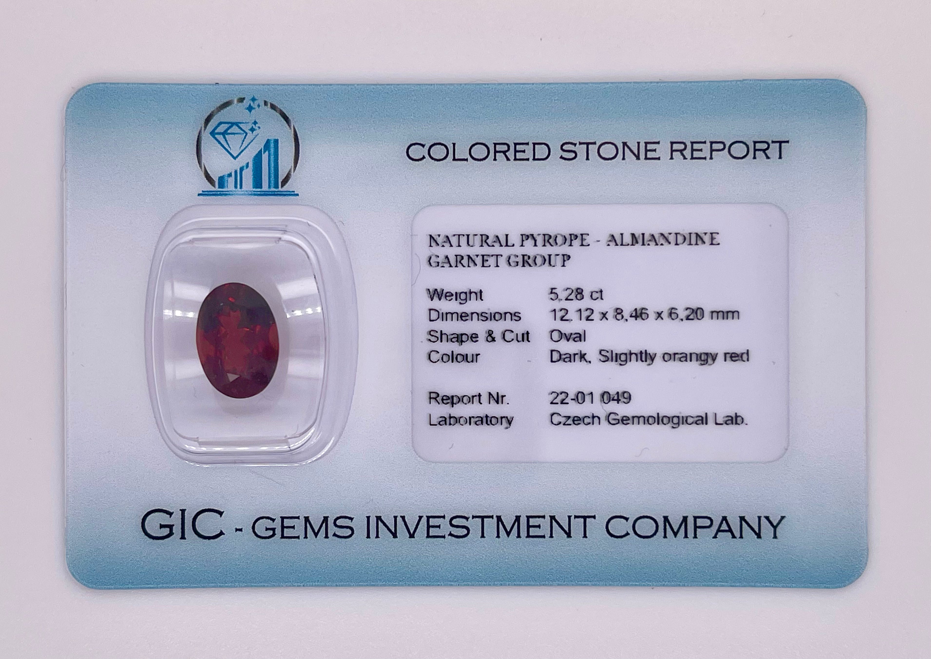 Natural almandine garnet, 5.28 carats, oval cut, IF clarity, untreated, dark orangy red, ČGL certified