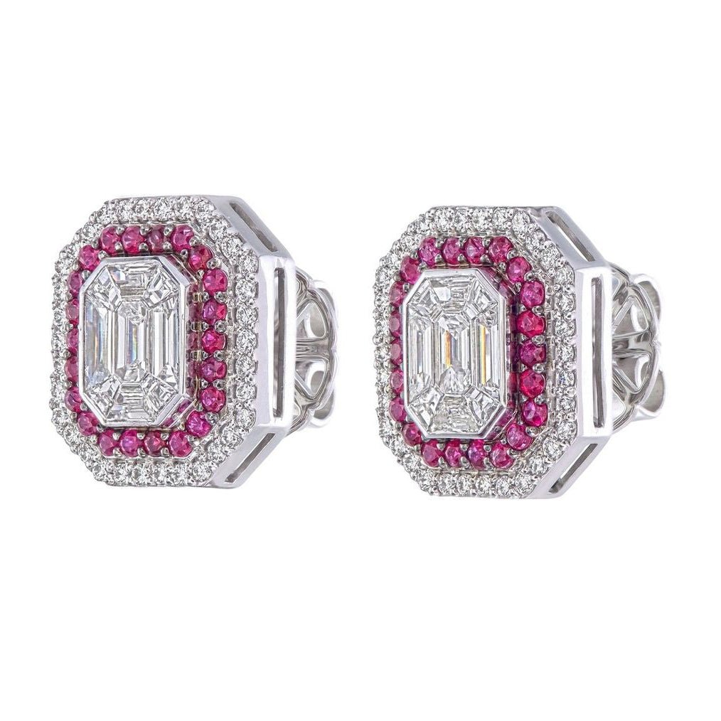 Diamond 0.32 ct & Ruby 0.35 ct Halo Earrings – 18K White Gold, Emerald Cut