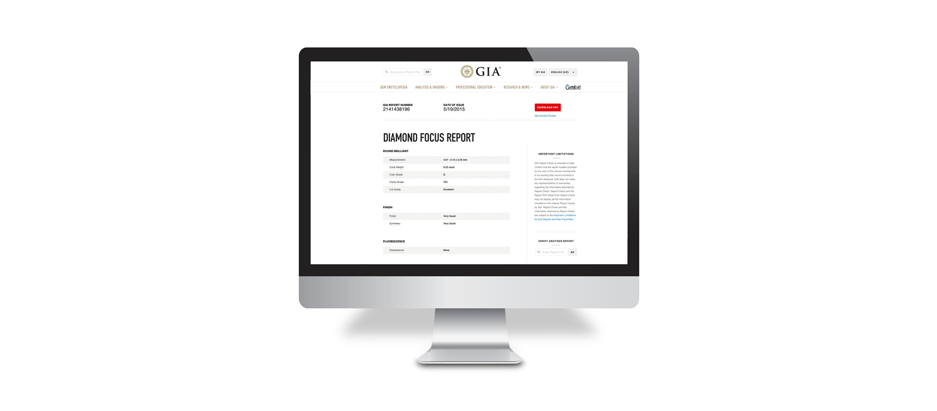 Example of GIA Diamond Focus Report used for digital verification of diamond grading data.