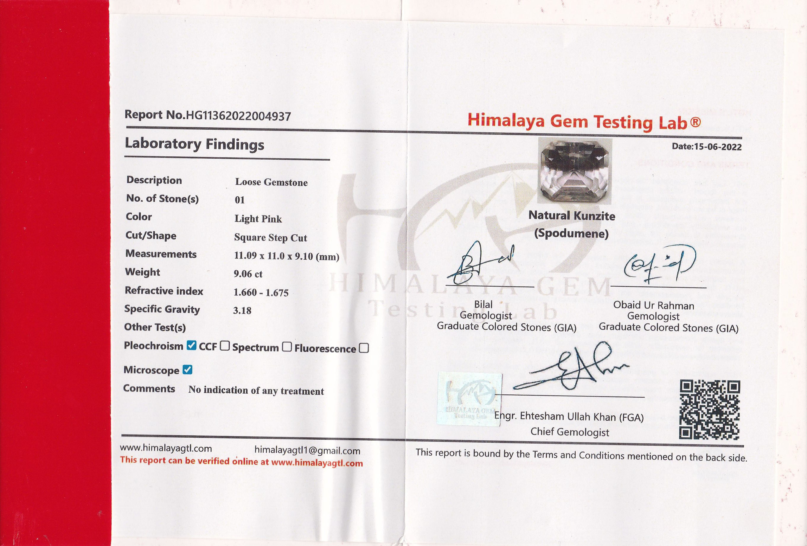 Kunzite 9.06 ct – Light Pink, Octagonal Cut, HGTL Certified