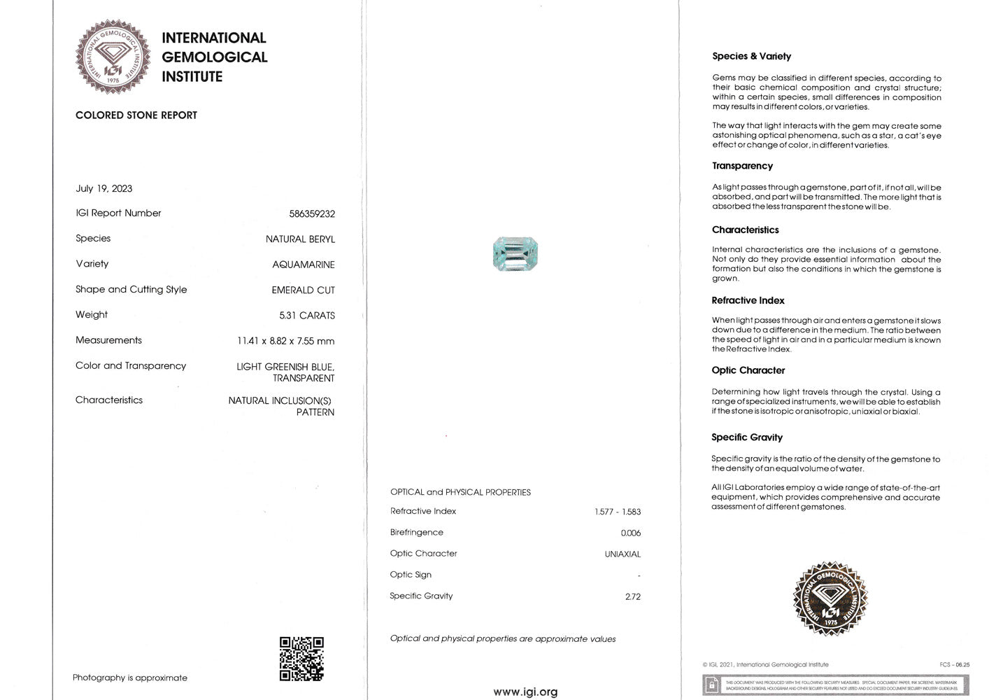 Natural Aquamarine 5.31 ct – Light Greenish Blue, Emerald Cut, IGI Certified