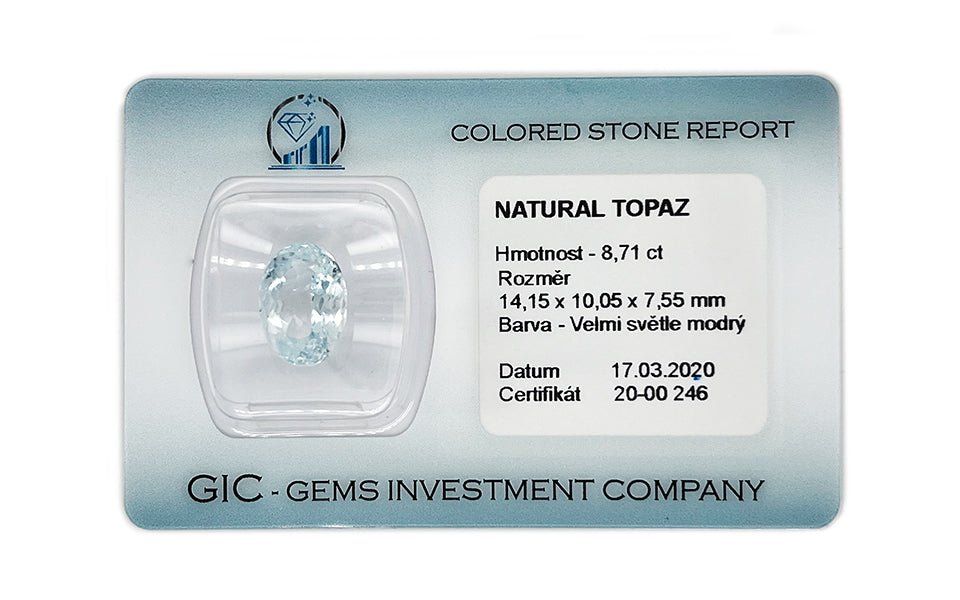 Natural Sky Blue Topaz 8.71 ct – Oval Cut, ČGL Certified